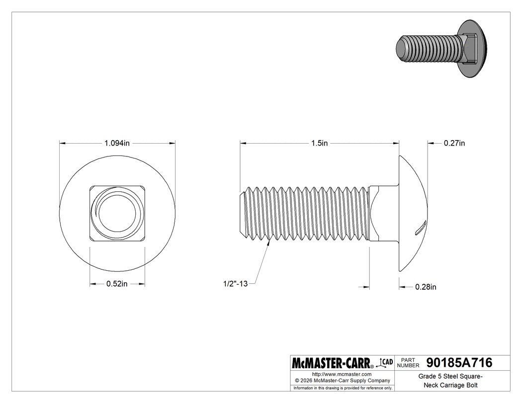 Technical Drawing of Grade 5 Steel Square-Neck Carriage Bolt, Medium-Strength, Zinc-Plated, 1/2"-13 Thread Size, 1-1/2" Long.